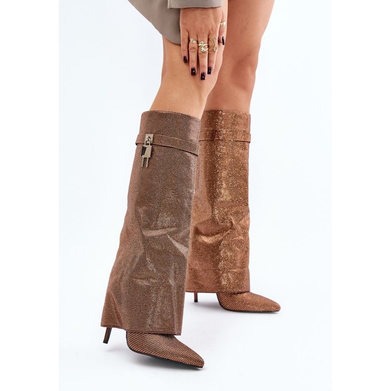 Verzierte Slip-On-Stiefel mit hohem Absatz und umgeschlagenem Schaft in Braun Enathlin 2