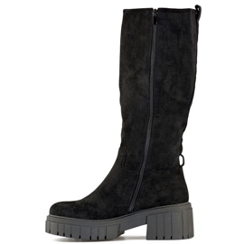 Schwarze klassische Damenstiefel mit dicker Sohle, Overknee-Stiefel aus Wildleder 1