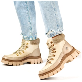 Beige isolierte Damen-Winterstiefel mit Fell, Schnürstiefel 2