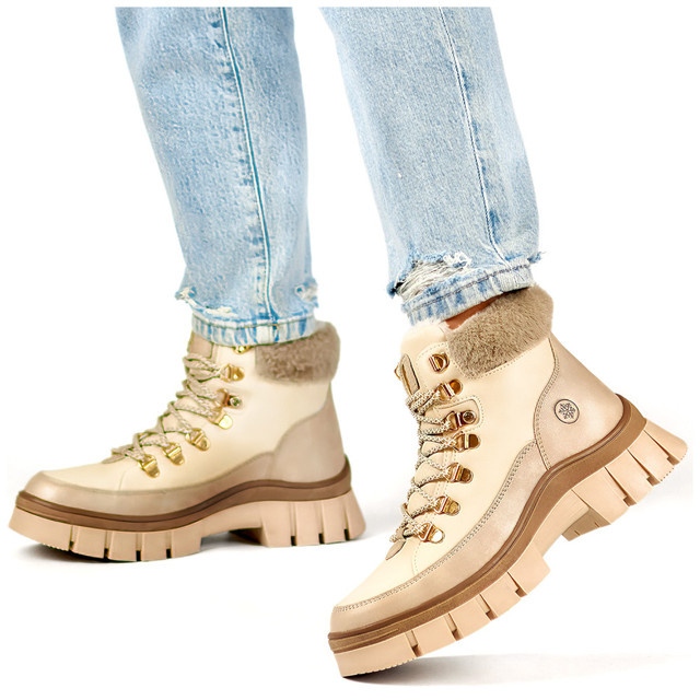 Beige isolierte Damen-Winterstiefel mit Fell, Schnürstiefel 2