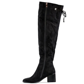 Damenstiefel oberhalb des Knies, lange Schnürstiefel mit niedrigem Absatz schwarz 1