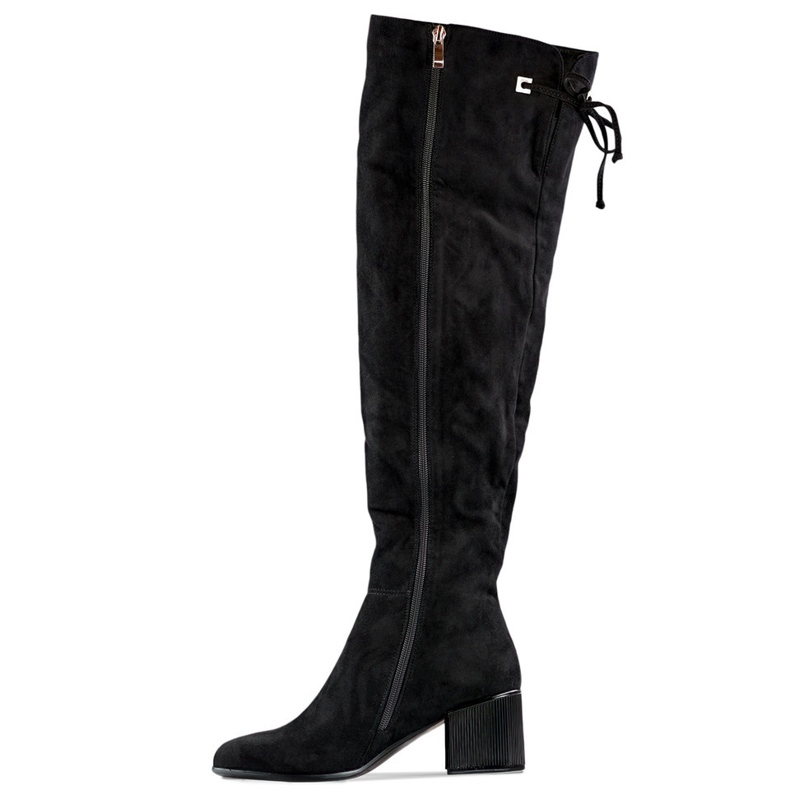 Damenstiefel oberhalb des Knies, lange Schnürstiefel mit niedrigem Absatz schwarz 1