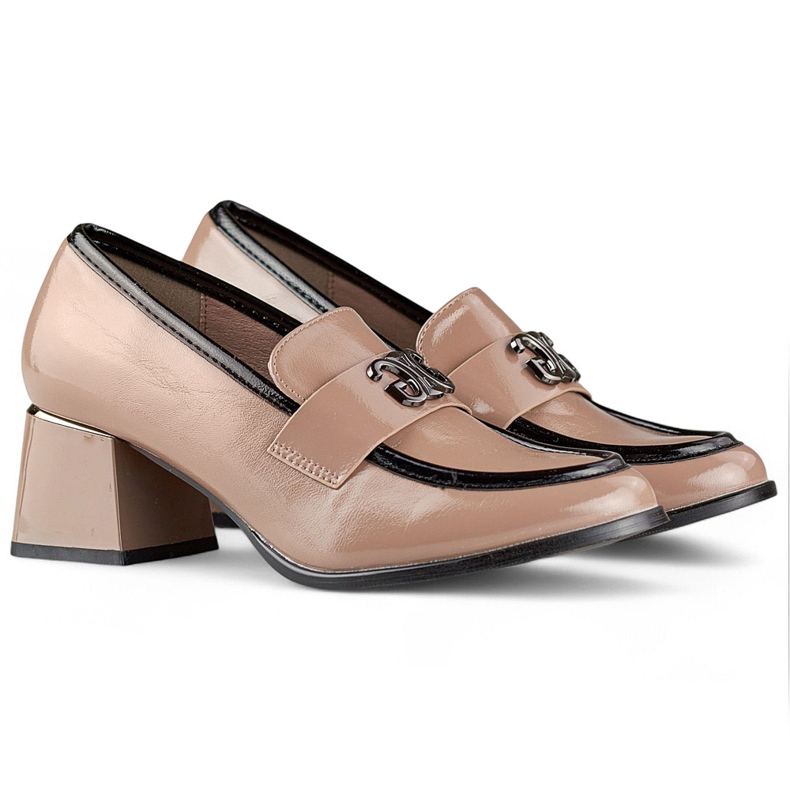 Beige Lackschuhe mit niedrigem Absatz, Damenpumps mit hohem Absatz 2