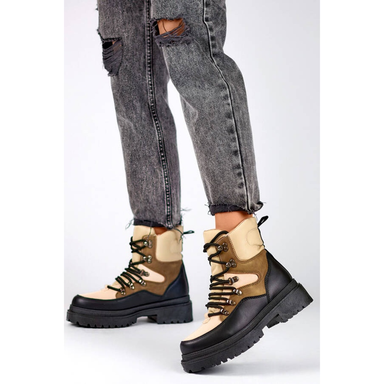 Damen-Schnürstiefeletten in Beige und Schwarz A-852KH 2