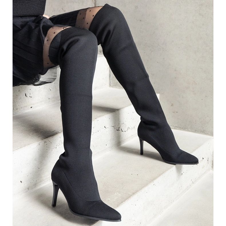 Schwarze Slip-on-Stiefel mit hohem Absatz und elastischem Atari-Obermaterial 1