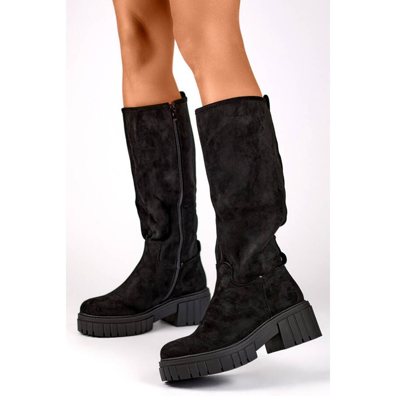 Damen-Wildlederstiefel mit dicker Sohle, schwarz DE1056B 1