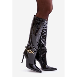 Schwarze Tistaria-Stiletto-Stiefel aus Lackleder mit Goldverzierung 1