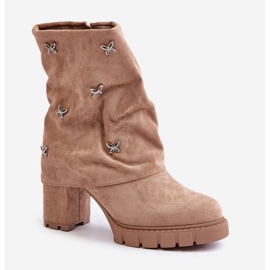 Verzierte Stiefeletten mit umgeschlagenem Schaft und hohem Absatz, Beige Esadora 4