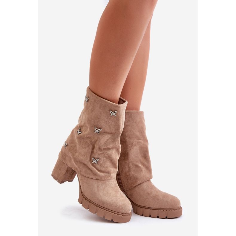Verzierte Stiefeletten mit umgeschlagenem Schaft und hohem Absatz, Beige Esadora 1