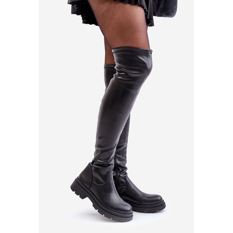 Overknee-Stiefel aus Faux-Wildleder mit flachem Absatz, Schwarz Santira 1