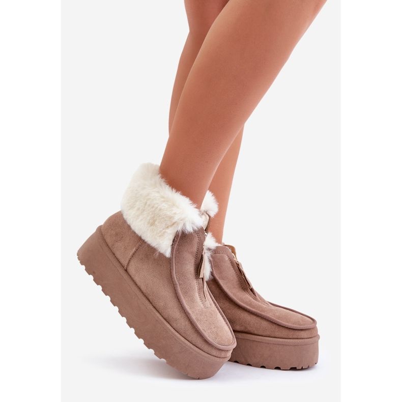 Damen-Plateau-Schneestiefel mit Fell und Reißverschluss, Dunkelbeige Filiala 1