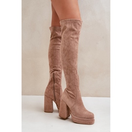 Beige Overknee-Stiefel von Nadelian mit hohem Absatz und Plateau 3