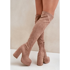 Beige Overknee-Stiefel von Nadelian mit hohem Absatz und Plateau 5