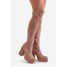 Beige Overknee-Stiefel von Nadelian mit hohem Absatz und Plateau 1