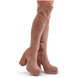 Beige Overknee-Stiefel von Nadelian mit hohem Absatz und Plateau 9