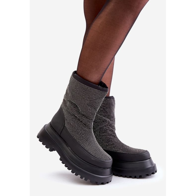 Schwarze, mit Avivina verzierte Schneestiefel mit Plateau und flachem Absatz 1