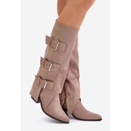 Beigefarbene High-Heel-Stiefel mit umgeschlagenem Schaft und Schnallen, Beige Vmissa 1