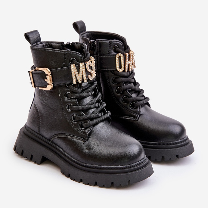 Isolierte Mädchenstiefel aus Öko-Leder mit dekorativem Riemen, Black Gilian schwarz 1