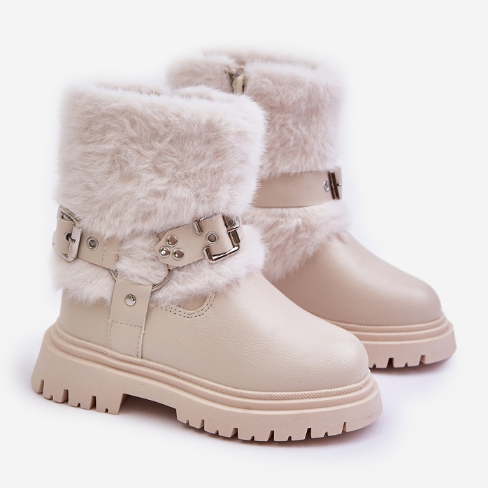 Mädchen-Stiefeletten aus Öko-Leder mit Fell und Schnallen, Beige Cartemes 1