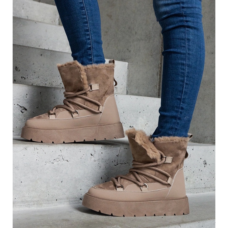 Dunkelbeige Plateau-Schneestiefel für Damen mit Fellfutter 1