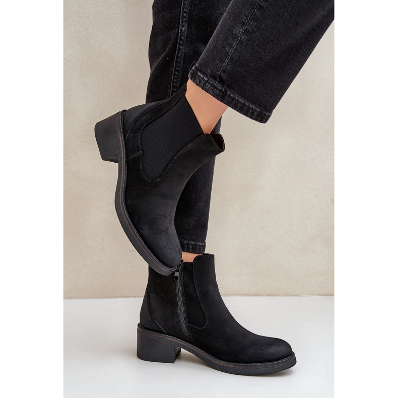 Damen-Chelsea-Stiefel, warm, niedriger Absatz, Reißverschluss, Schwarz 2
