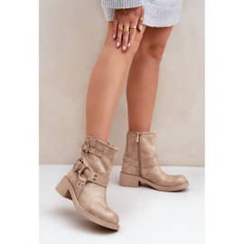 Leder-Damenstiefel mit niedrigem Blockabsatz und Riemen Zazoo 3644 Beige 2