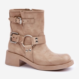 Leder-Damenstiefel mit niedrigem Blockabsatz und Riemen Zazoo 3644 Beige 4