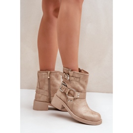 Leder-Damenstiefel mit niedrigem Blockabsatz und Riemen Zazoo 3644 Beige 3