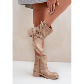 Leder-Damenstiefel mit niedrigem Blockabsatz und Riemen Zazoo 3644 Beige 5