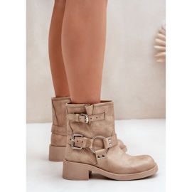 Leder-Damenstiefel mit niedrigem Blockabsatz und Riemen Zazoo 3644 Beige 6