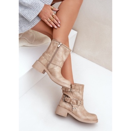 Leder-Damenstiefel mit niedrigem Blockabsatz und Riemen Zazoo 3644 Beige 9