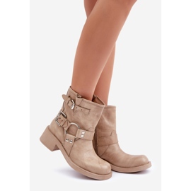 Leder-Damenstiefel mit niedrigem Blockabsatz und Riemen Zazoo 3644 Beige 1