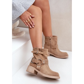 Wildleder-Damenstiefel mit niedrigem Blockabsatz und Riemen Zazoo 3644 Beige 6