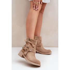 Wildleder-Damenstiefel mit niedrigem Blockabsatz und Riemen Zazoo 3644 Beige 2