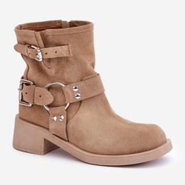 Wildleder-Damenstiefel mit niedrigem Blockabsatz und Riemen Zazoo 3644 Beige 4