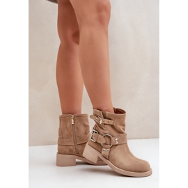 Wildleder-Damenstiefel mit niedrigem Blockabsatz und Riemen Zazoo 3644 Beige 3