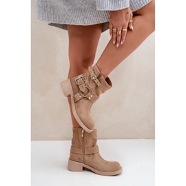 Wildleder-Damenstiefel mit niedrigem Blockabsatz und Riemen Zazoo 3644 Beige 5