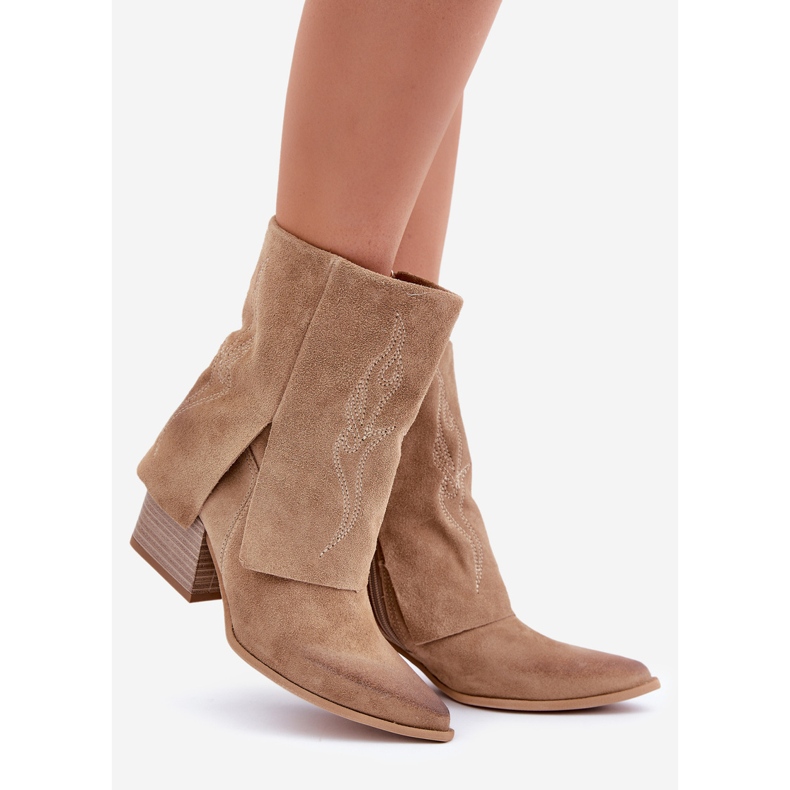 Wildleder-Cowboystiefel mit hohem Absatz und hochgeschlagenem Obermaterial Zazoo 3488 Beige 1