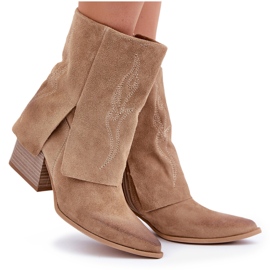 Wildleder-Cowboystiefel mit hohem Absatz und hochgeschlagenem Obermaterial Zazoo 3488 Beige 10
