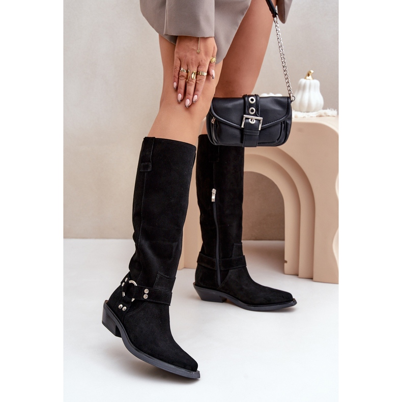 Cowboystiefel aus Wildleder mit niedrigem Absatz und Dekoration Zazoo 3656 Schwarz 2