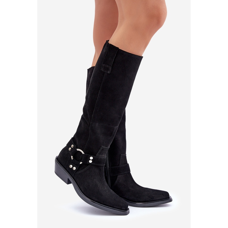 Cowboystiefel aus Wildleder mit niedrigem Absatz und Dekoration Zazoo 3656 Schwarz 1