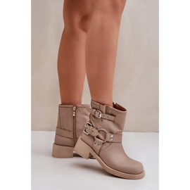 Leder-Damenstiefel mit niedrigem Blockabsatz und Riemen Zazoo 3644 Beige 3