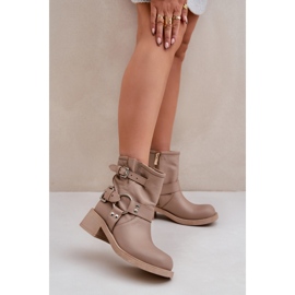 Leder-Damenstiefel mit niedrigem Blockabsatz und Riemen Zazoo 3644 Beige 2