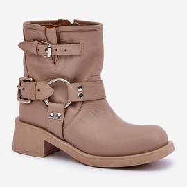 Leder-Damenstiefel mit niedrigem Blockabsatz und Riemen Zazoo 3644 Beige 4