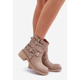 Leder-Damenstiefel mit niedrigem Blockabsatz und Riemen Zazoo 3644 Beige 1