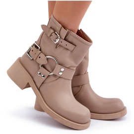 Leder-Damenstiefel mit niedrigem Blockabsatz und Riemen Zazoo 3644 Beige 9