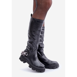 Flache Stiefel mit Kette Schwarz 1