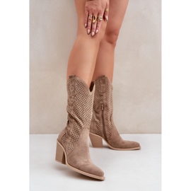 Durchbrochene Cowboystiefel mit hohem Absatz, dunkelbeige 2