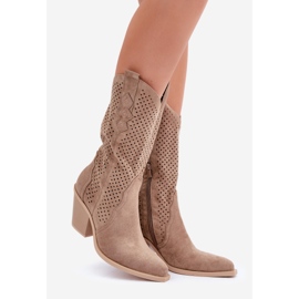 Durchbrochene Cowboystiefel mit hohem Absatz, dunkelbeige 1