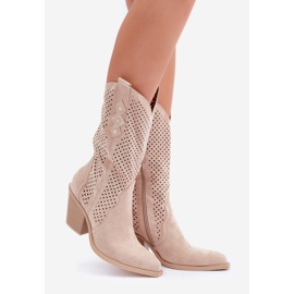 Durchbrochene Cowboystiefel mit hohem Absatz, hellbeige 1